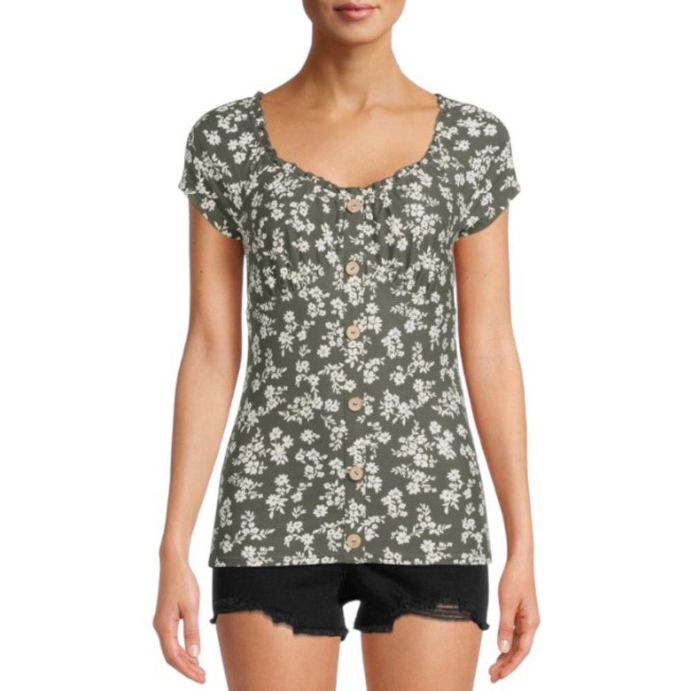 2 FOR $15 NWOT Floral Ruffle Scoop Neck Green & White Button Front Top - L 11-13